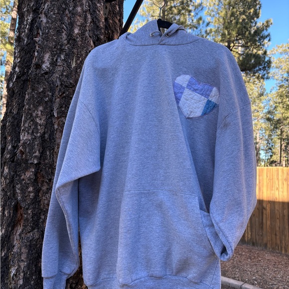 Upcycled Valentine Gray Hoodie with Blue Heart Patch - Picture 5 of 7